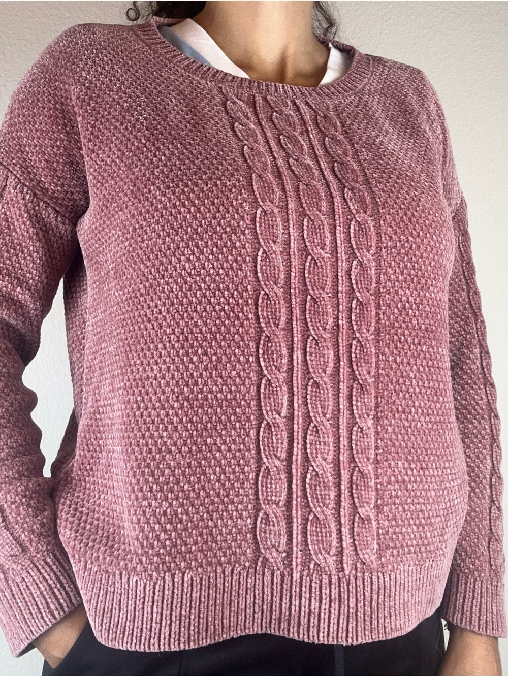 SALE Pink Rose Cable Knit Sweater Size XS / M Ribed Soft Dusty Rose Pullover